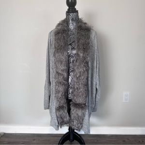 Jennifer Lopez, Fur Trimed Long Cardigan, Open Front, Heather Gray
